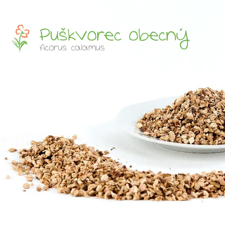 Sušené kousky kořene puškorce obecného na bílém podkladu.