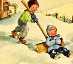 Děti se hrají ve sněhu na kopci.