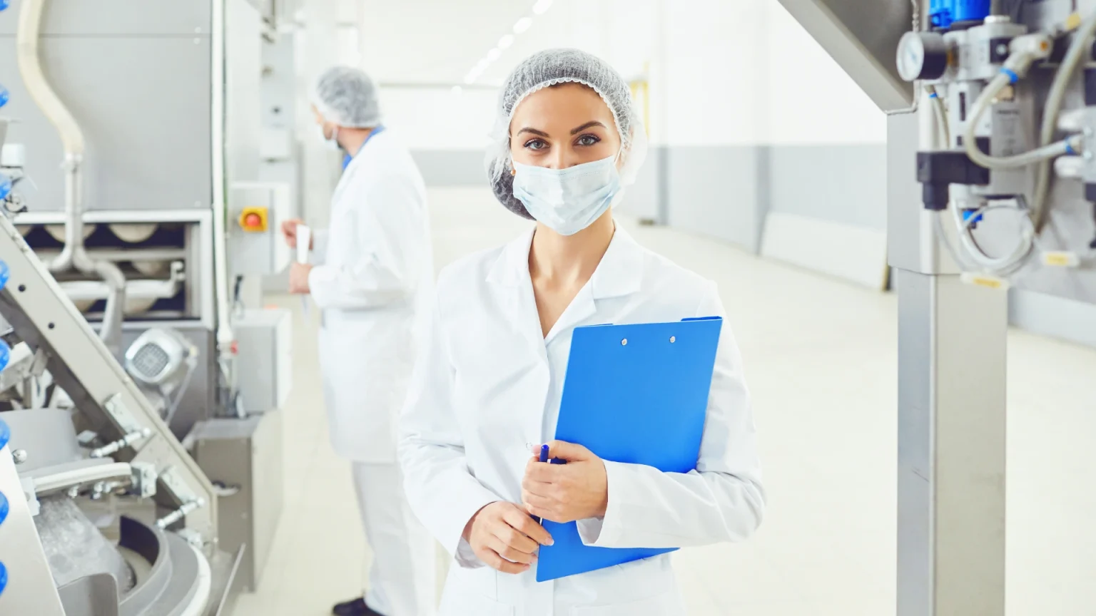 Žena v laboratorním plášti drží modrý sešit mezi stroji.