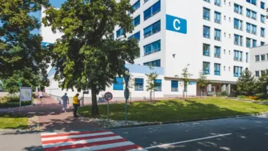 Bílá budova s modrými okny u chodníku v Českých Budějovicích