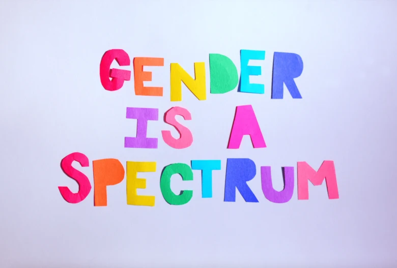 Barevné písmena tvořící text o genderu jako spektru.