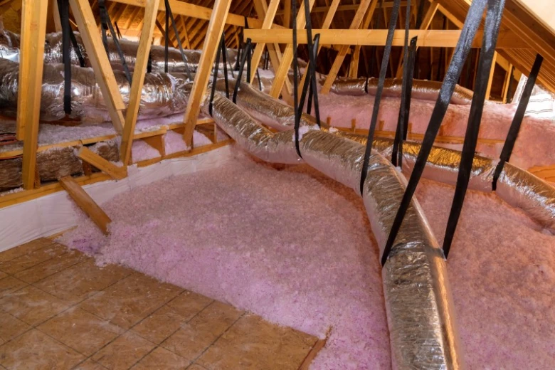 Zateplená střecha s vlnitým skleněným izolačním materiálem a potrubím.
