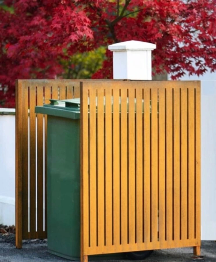 Wooden bin enclosure with trash can