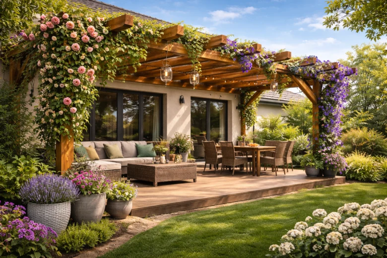 Finished garden pergola with seating and plants