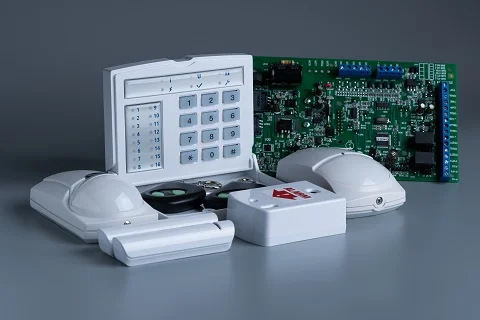 Bílá elektronika pro zabezpečovací systémy s zelenou deskovou plochou.