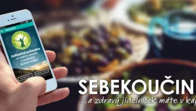 Ruka drží telefon s aplikací pro zdravé stravování před talířem zeleniny.