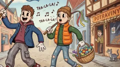 Děti zpívají říkadlo s barevnými stuhami na ulici.