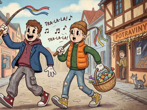 Děti zpívají říkadlo s barevnými stuhami na ulici.