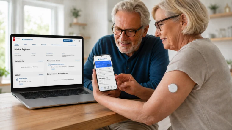 Starší pár používá telemedicínskou aplikaci na mobilu.