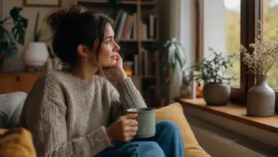 Žena sedí na gauči u okna s šálkem v ruce.