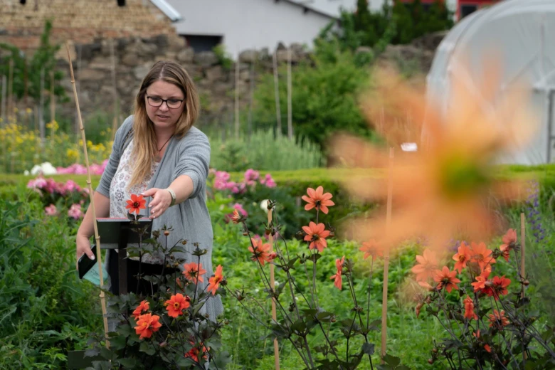 Žena péče o květiny v permakulturní zahradě s různorodými rostlinami.