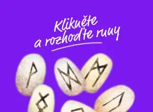 Pět kamenů s rúnami na fialovém pozadí pro horoskop.