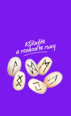 Pět kamenů s rúnami na fialovém pozadí pro horoskop.