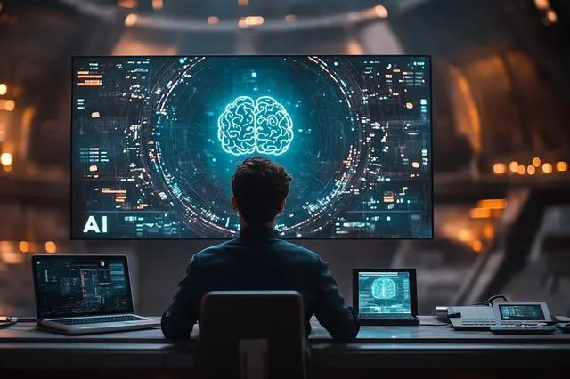 Muž sedící u počítače s obrazovkou umělé inteligence.