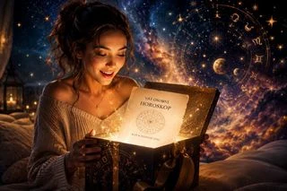 Žena drží knihu o astrologii před pozadím vesmíru.