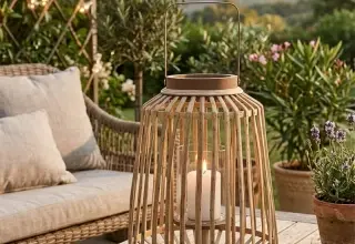 Bambusová lampa na balkóně s květinami v nádobách.