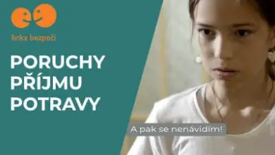 Dívka s textem o poruchách příjmu potravy a logem Linky bezpečí