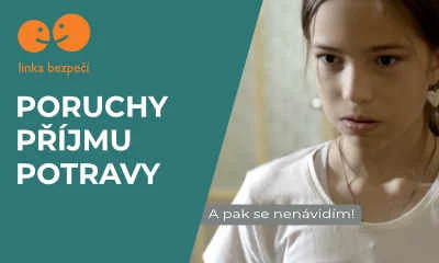 Dívka s textem o poruchách příjmu potravy a logem Linky bezpečí