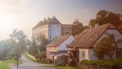 Tradiční domy v zelené krajině s stromy.